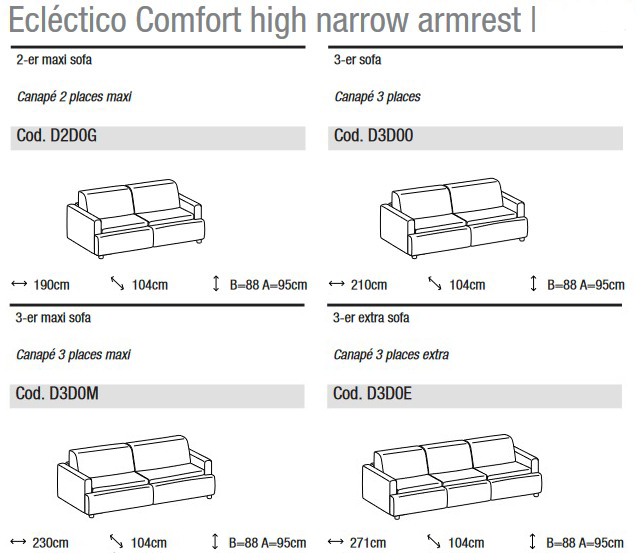 Dimensions of the Eclectico Comfort Sofa Ditre Italia for 2 and 3 Linear Seats